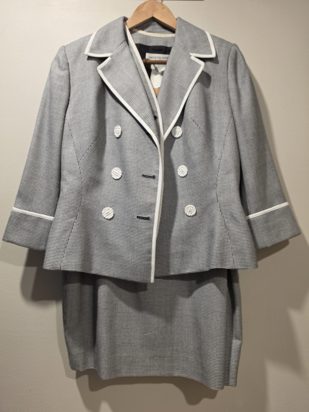 Jacques Fath Paris Vintage 90s 3 Pc Wool Houndstooth Suit Blazer Waistcoat Skirt